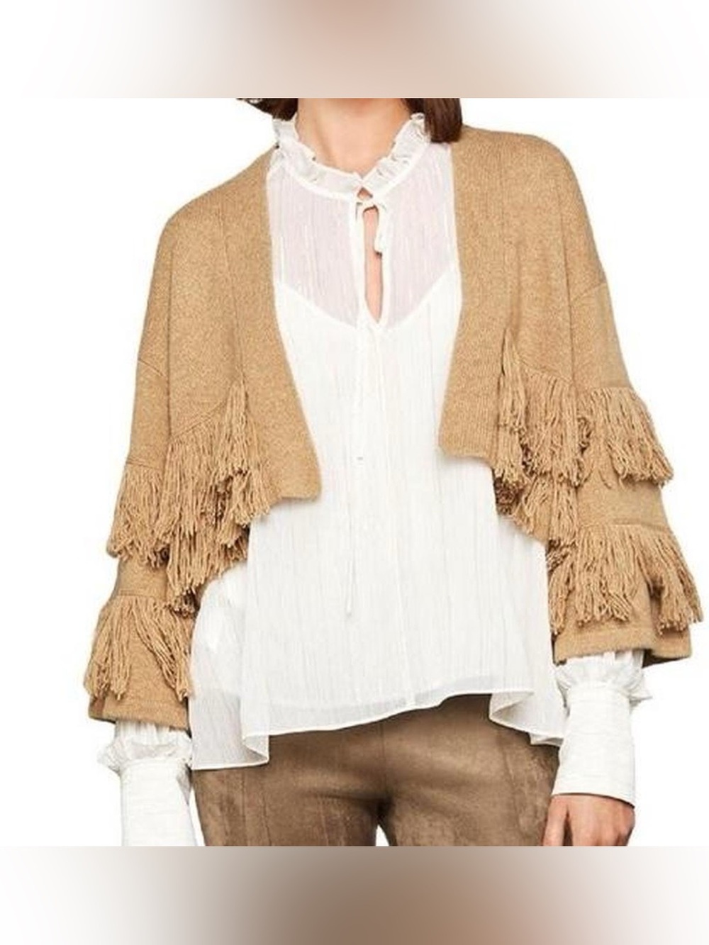 BCBGMAXAZRIA Camel Fringe Merino Wool Cropped Cardigan XXS